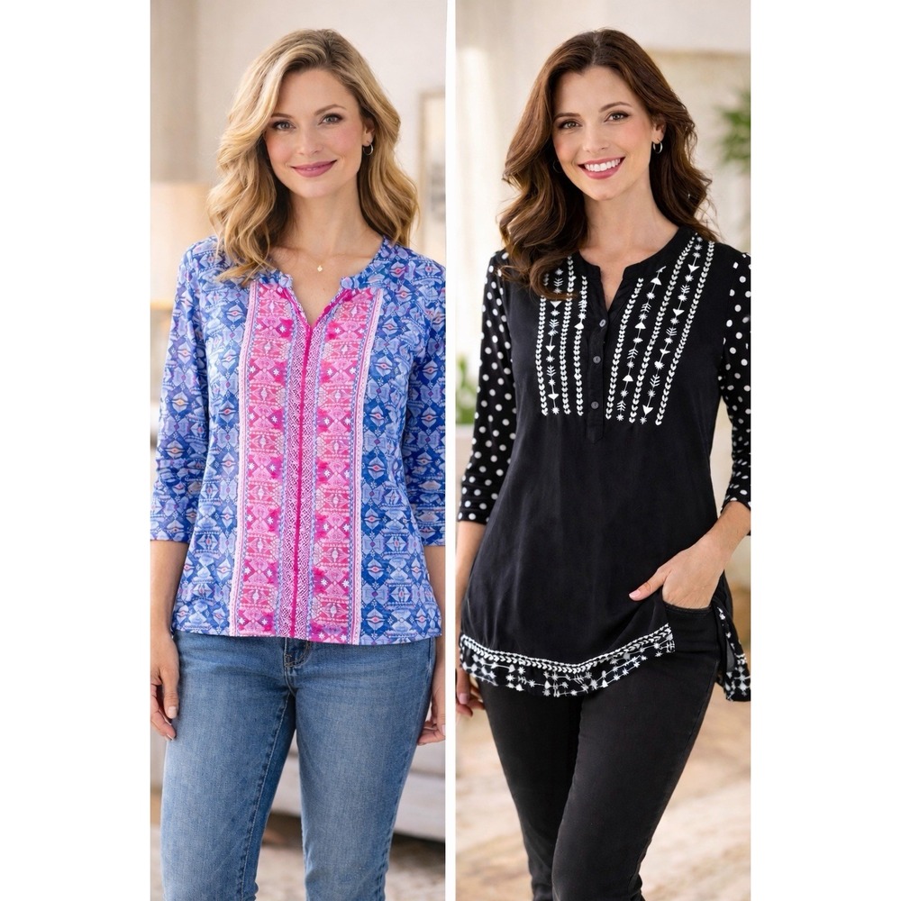 Coldwater Creek Women XS Lot of 2 Tunic Tops Boho Embroidered Long Sleeve